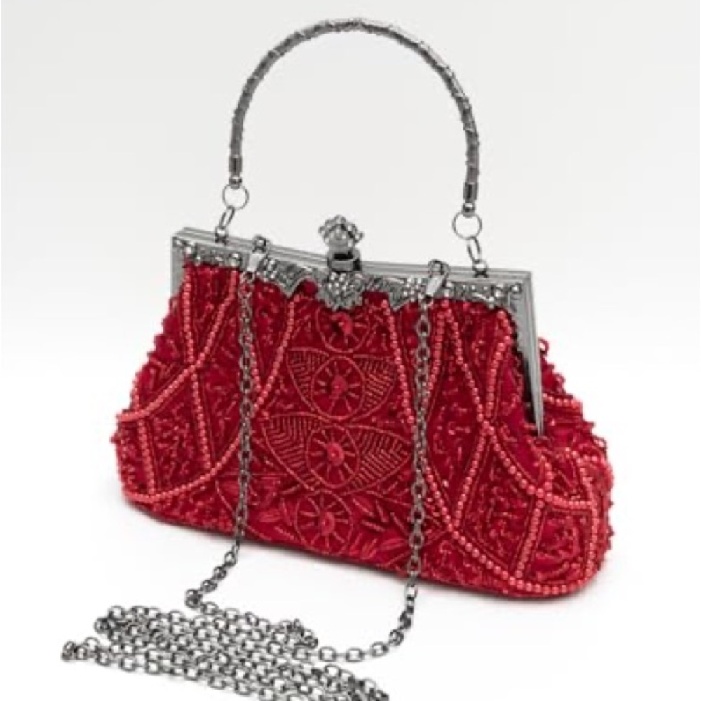Red Beaded Evening Crossbody Bag with Silver Hardware - Picture 1 of 10